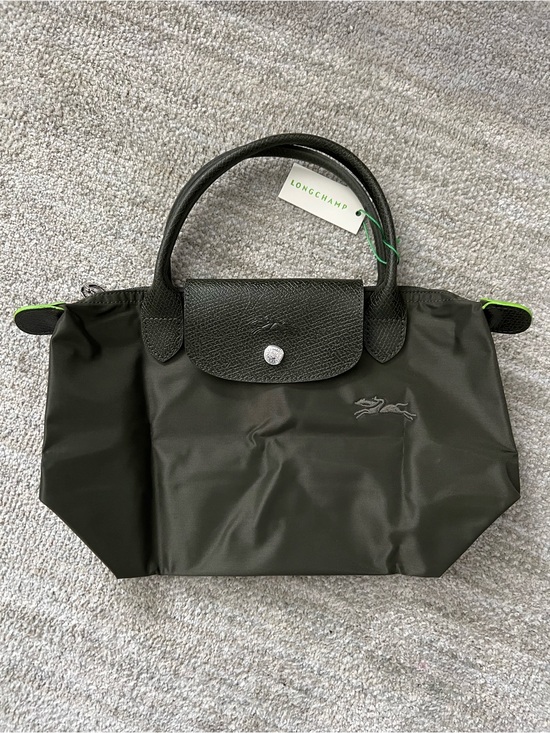 Longchamp Handbags - Longchamp Small Top-Handle Tote in Dark Olive with Lime Trim